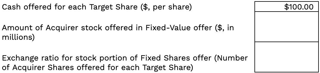 Spreadsheet inputs for an all-cash deal